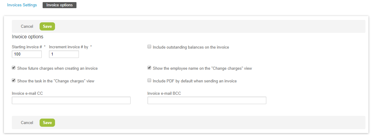 Invoice options properties form.