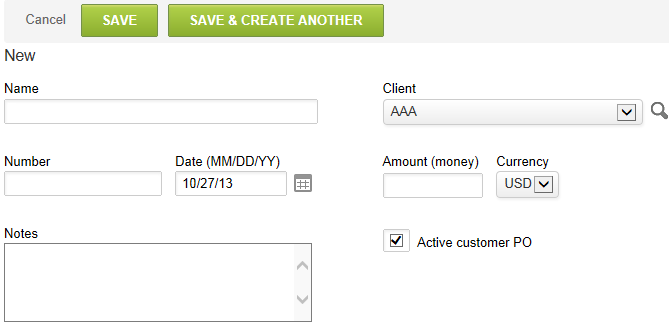 Customer POs properties form.