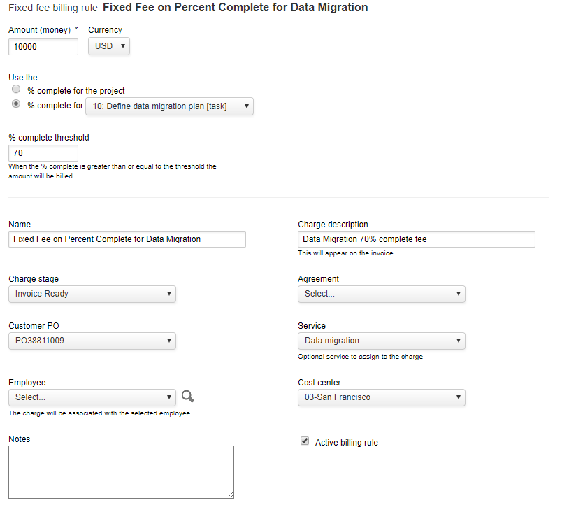 Fixed fee on percent complete fields entities form.