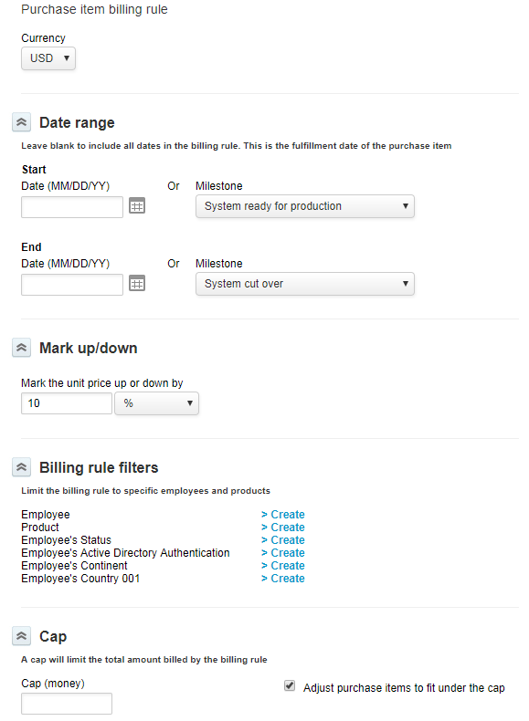 Purchase item billing rule fields entities form.