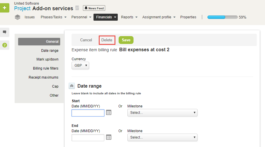 Delete a billing rule entities form.