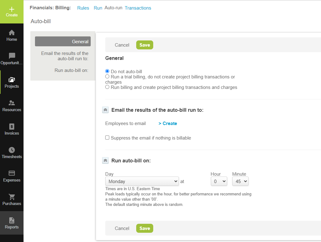 Auto-billing entities form.