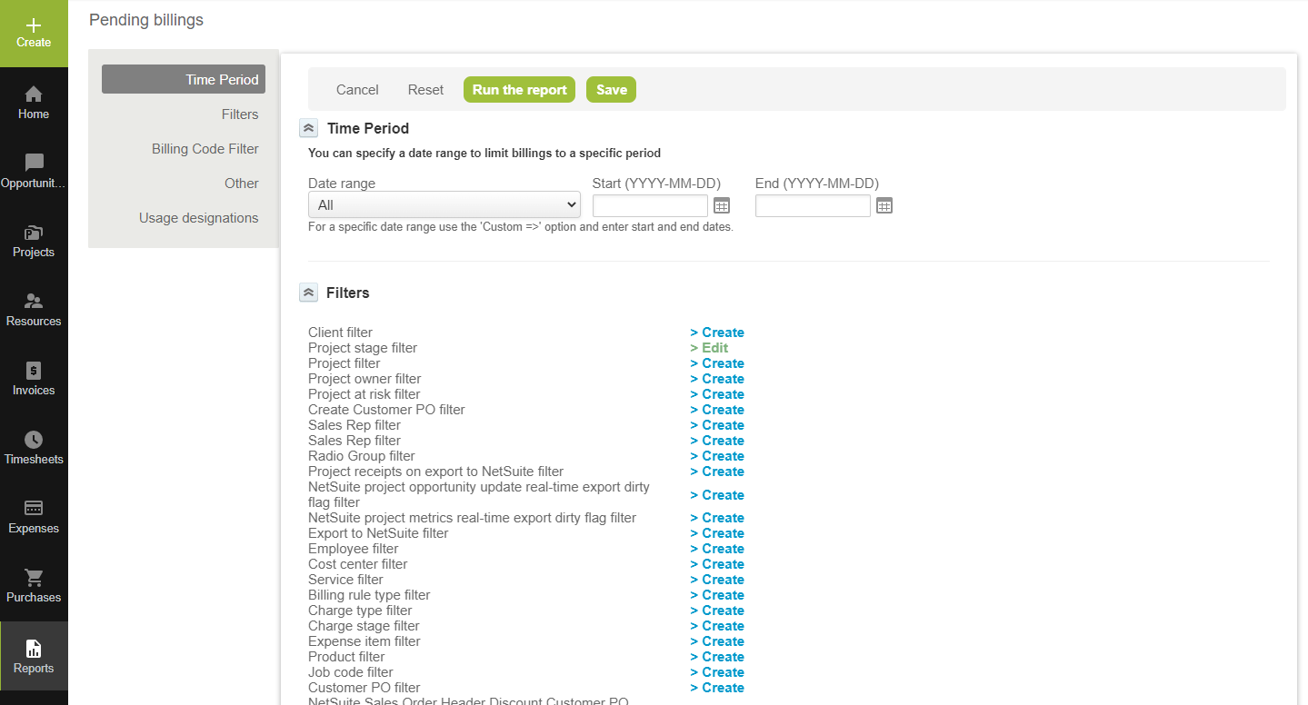 Run billing for multiple projects entities form.