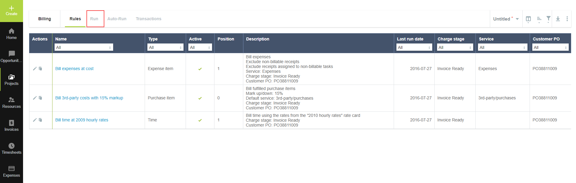 Run a billing rule for one project entities form.