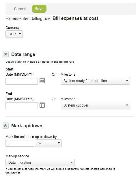 Expense item billing rule fields entities form.