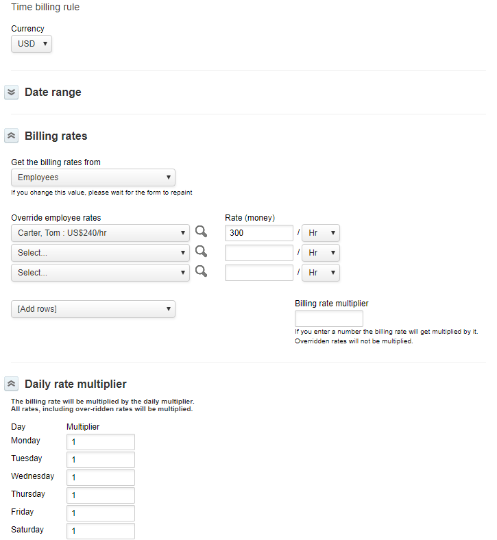 Time billing rule fields entities form.