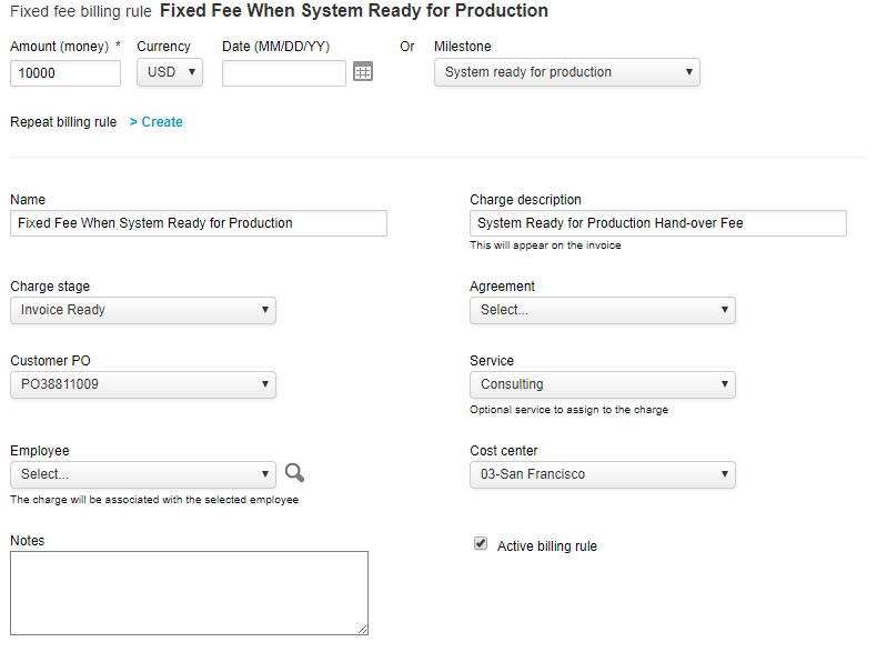 Fixed fee on date or milestone billing rule fields properties form.