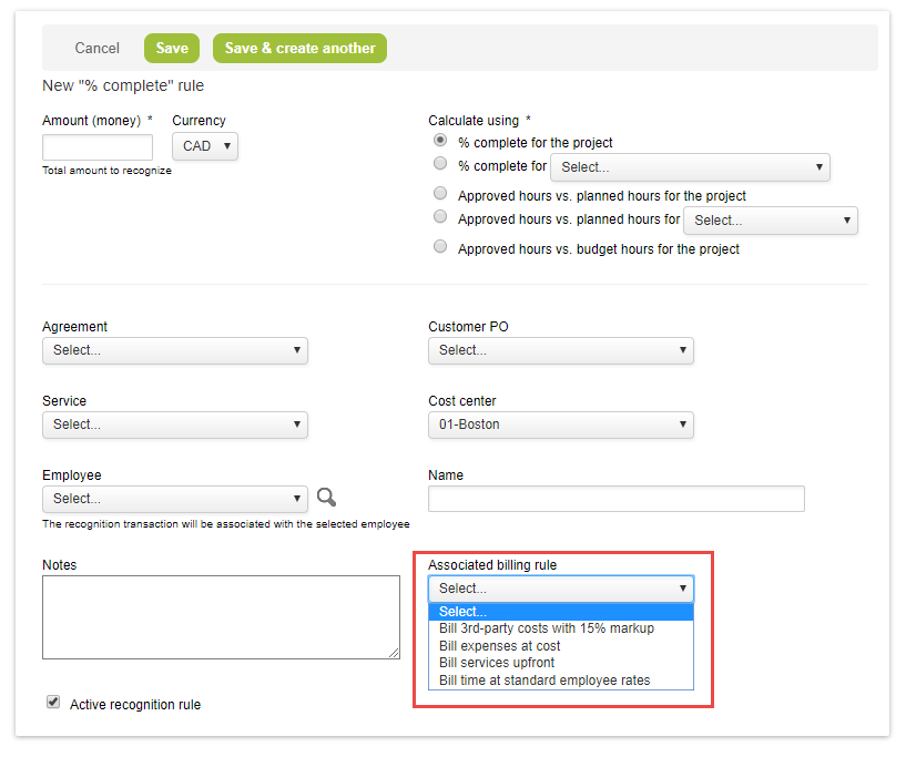 Revenue recognition switches properties form.