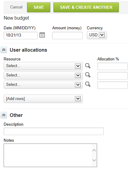 Transaction budget properties form.