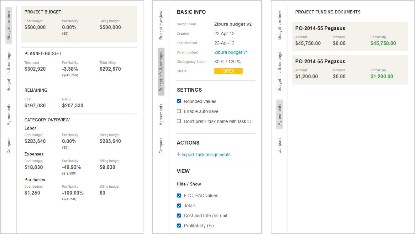 Different tabs in the Information and Settings Panel