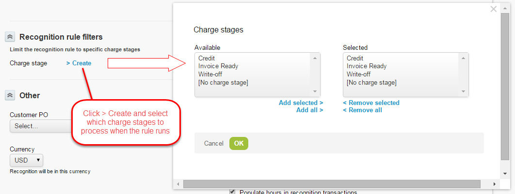 Recognition rule filters with highlighted the create form.