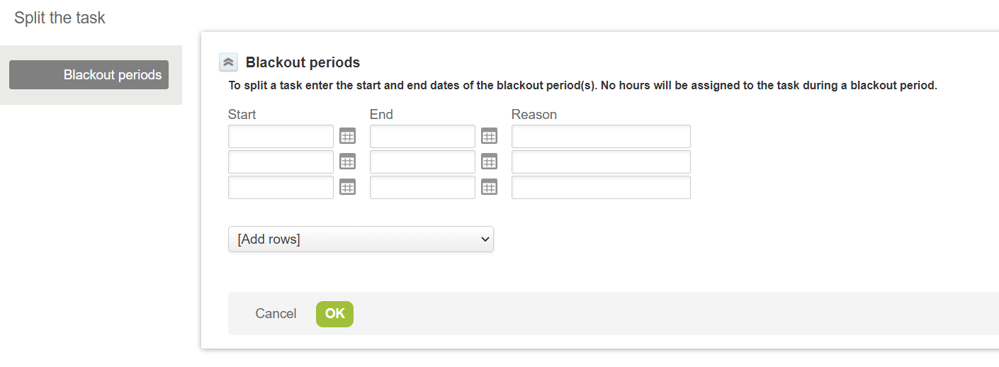 Split task for a break period entities form.