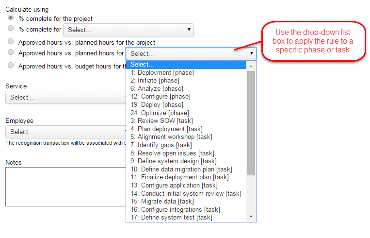 Drop-down list for approved vs planned hours for the project.