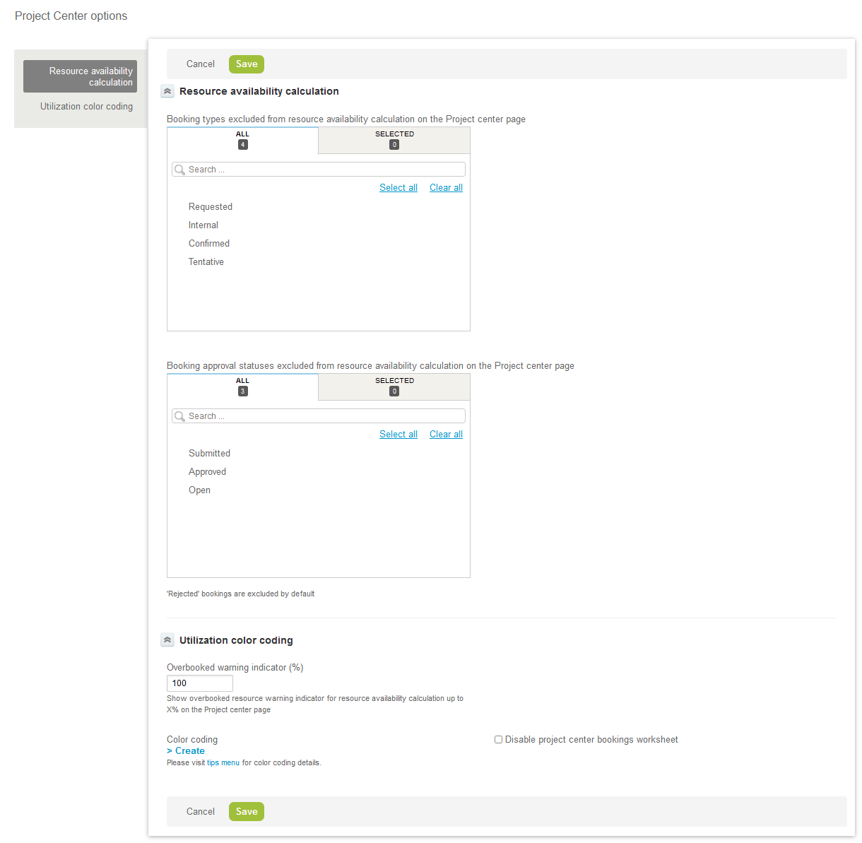 Project Center options form in the application administration for the Projects module.