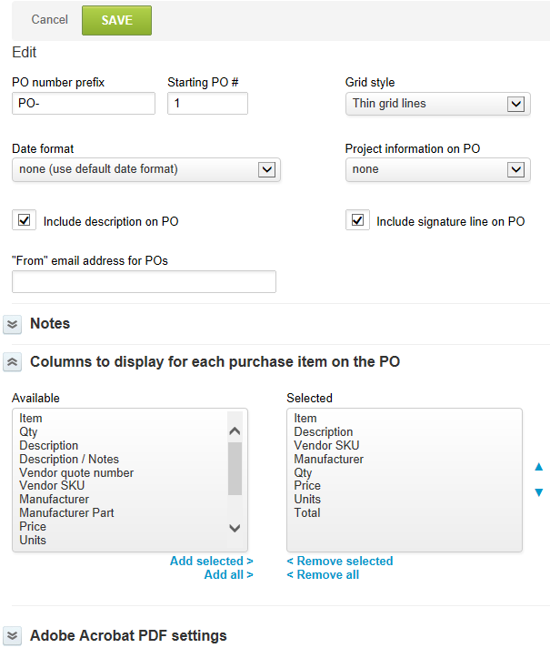 Purchase order layout form