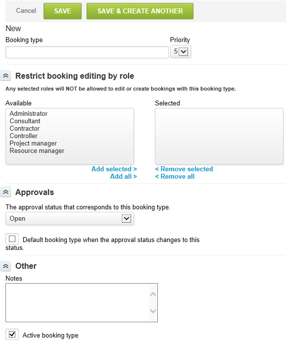 Booking types entities form.