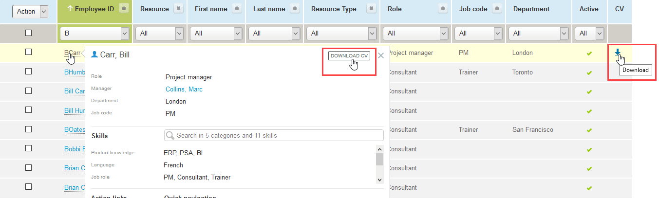 Download cv for an employee from the employee list.