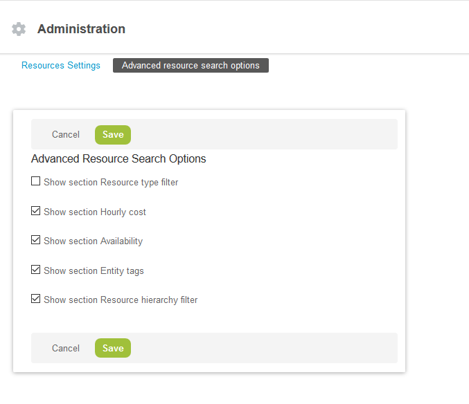 Advanced resource search options form.