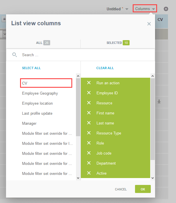 Add CV column to the lists containing information about resources.