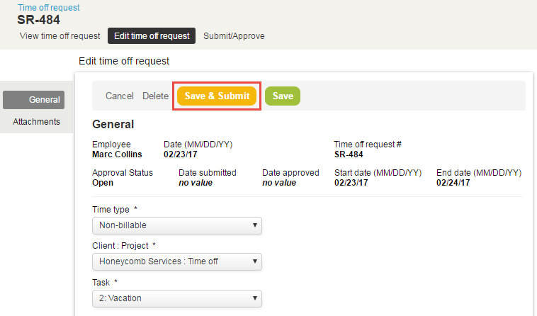 Save and submit button on time off requests form.
