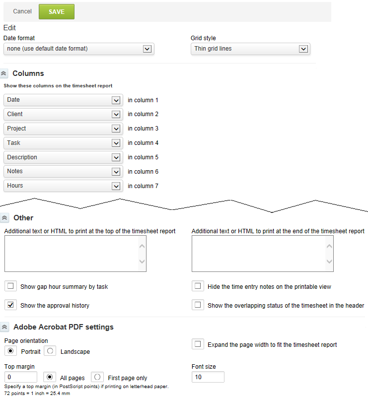 Timesheet report layout form.