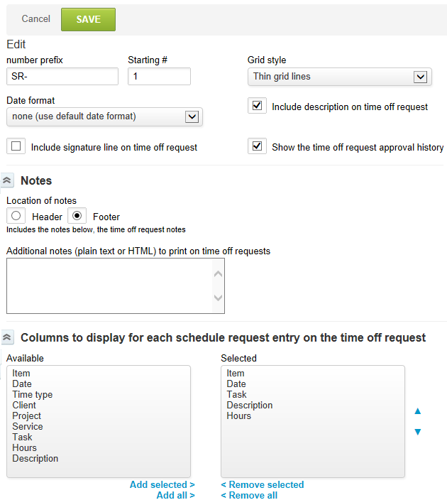 Time off request layout entities form.