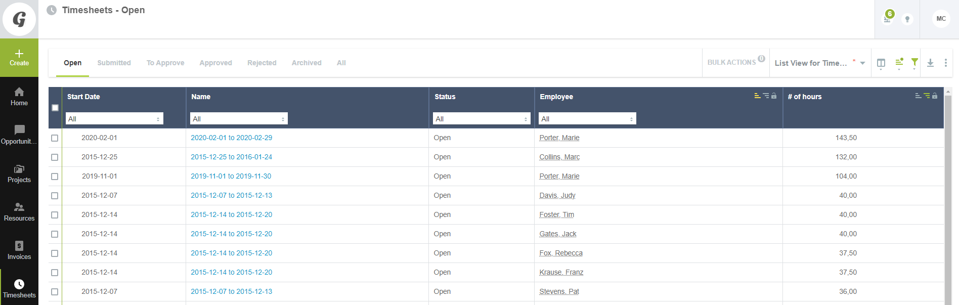 Timesheets entities form.