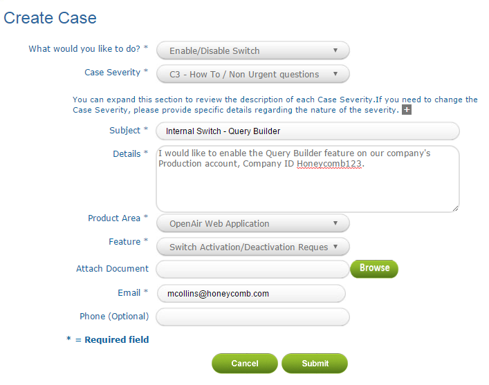 Create Case form in OpenAir SuiteAnswers.