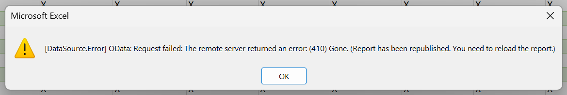 410 Gone HTTP error shown in Excel when a published report is refreshed while Excel pages through the published report.