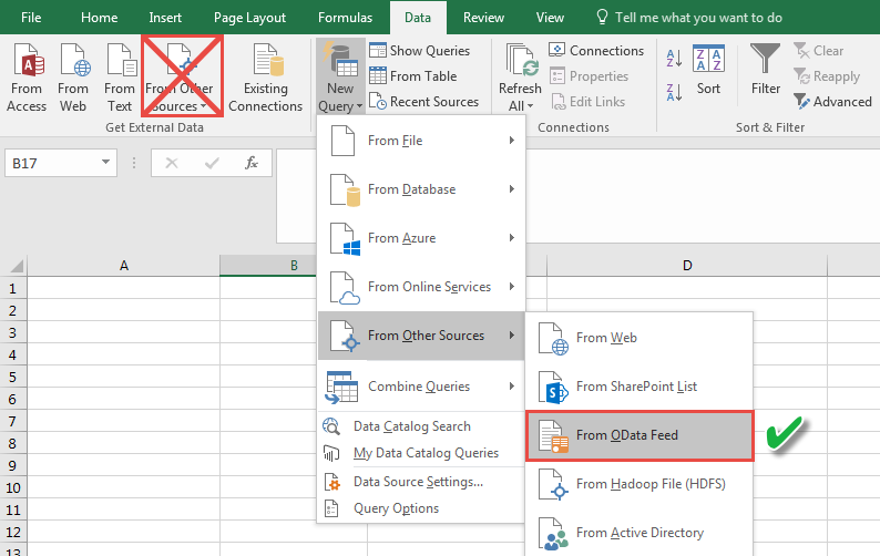 GetData from OData Feed in Microsoft Excel 2016 for Windows.