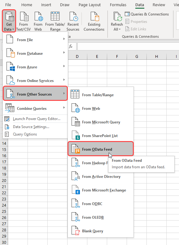 GetData from OData Feed in Microsoft Excel 2019 for Windows.