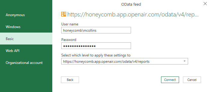 Basic connection settings on the OData feed dialog box in Microsoft Excel 2019 for Windows.