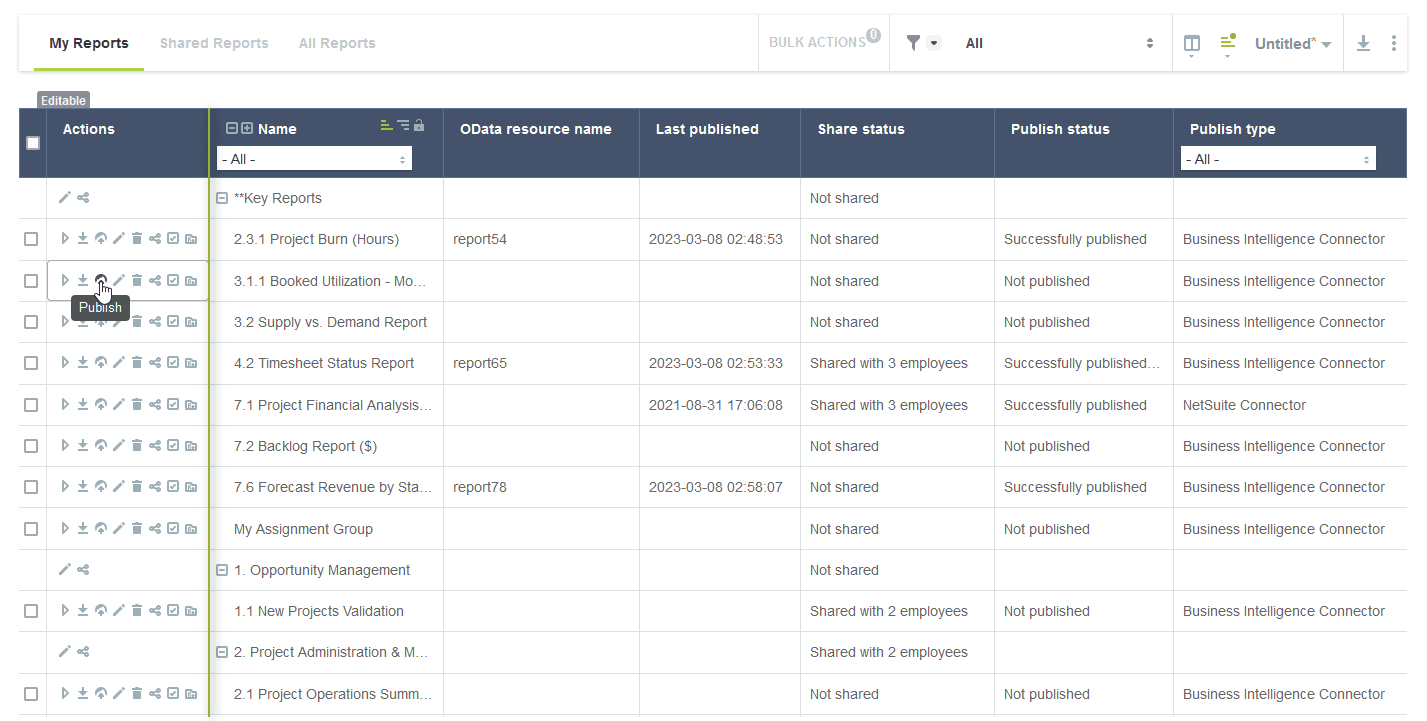 Saved reports list.