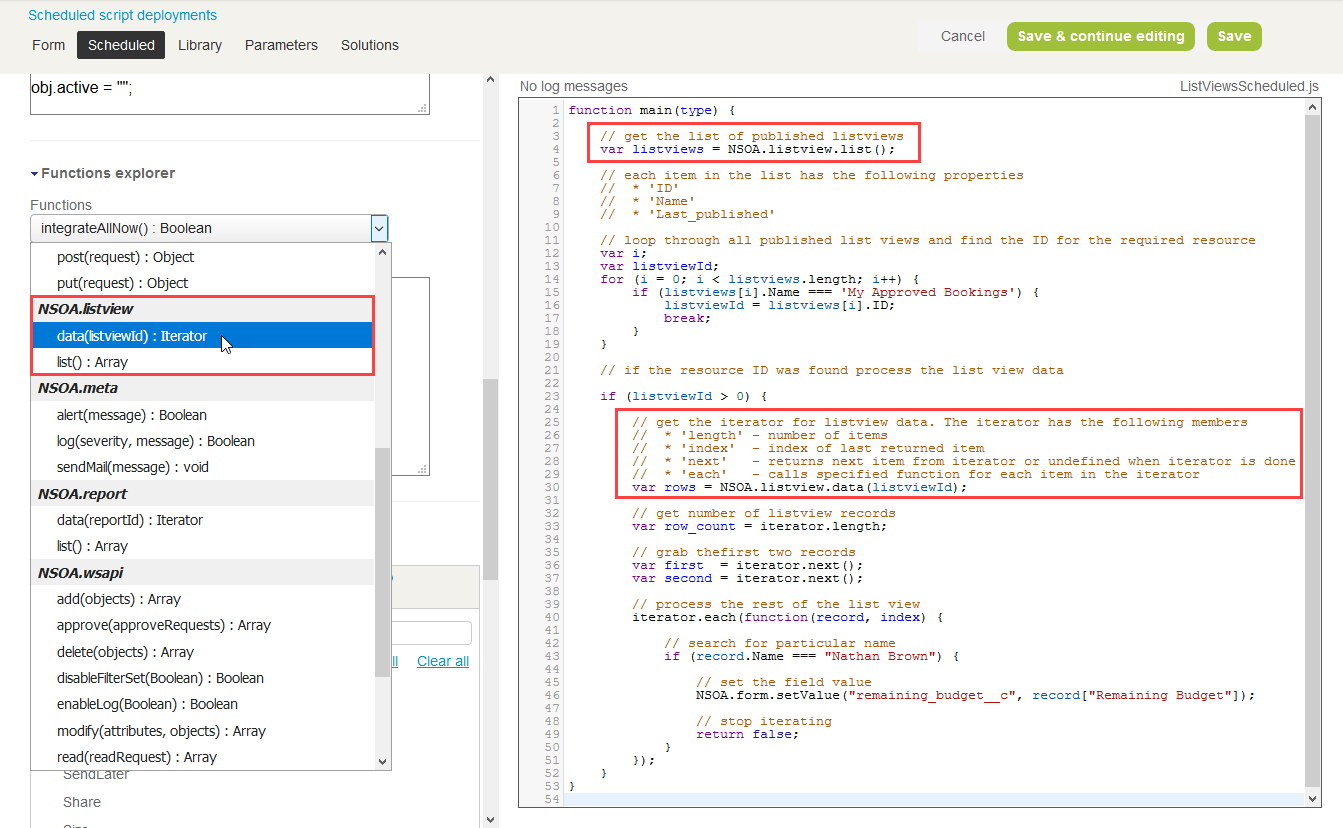 Example of scheduled script using the NSOA.listview.list() function.