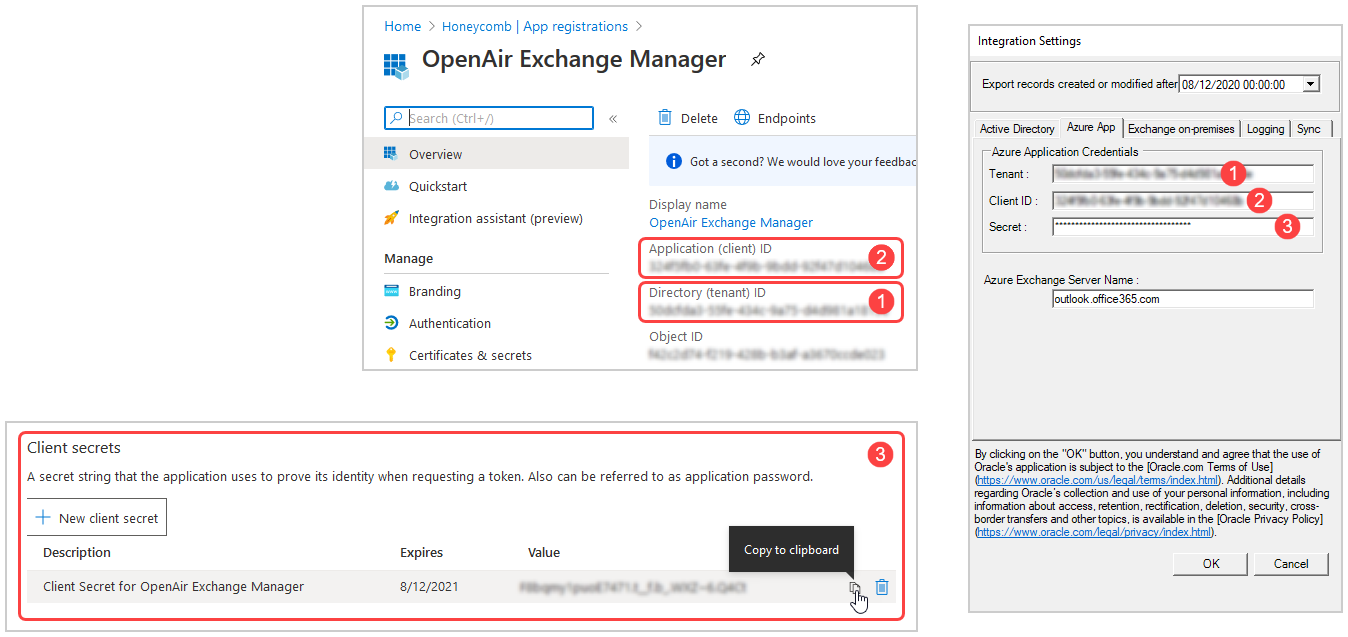 Application information in Microsoft Azure and Integration Settings Azure app tab in OpenAir Exchange Manager.
