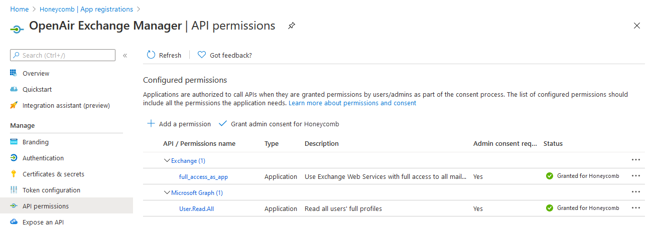 API Permissions page for OpenAir Exchange Manager in Microsoft Azure.