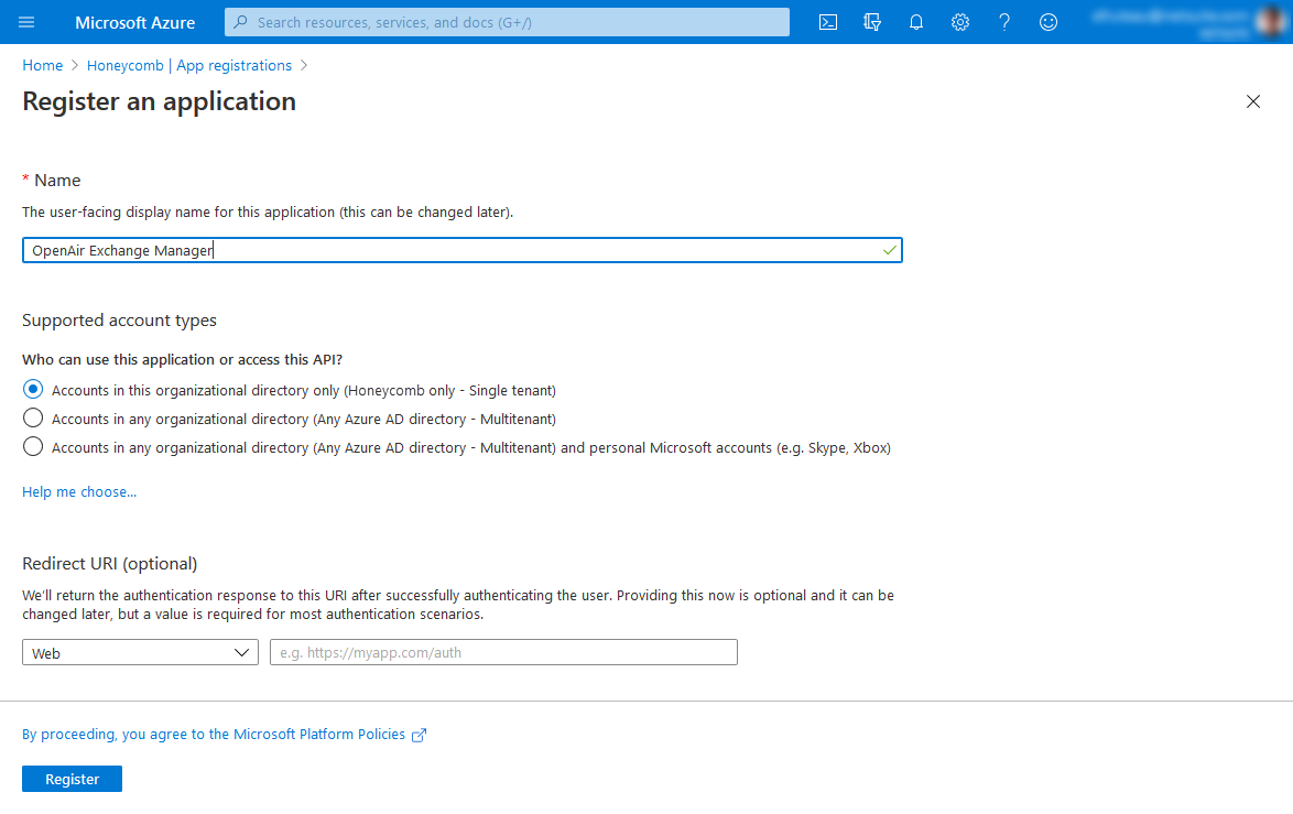 "Register an Application" page in Microsoft Azure.