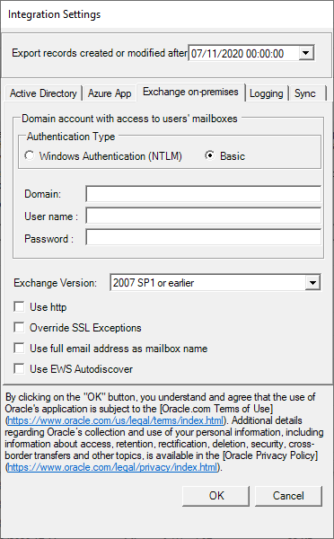 Integration Settings Exchange on-premises tab in OpenAir Exchange Manager.