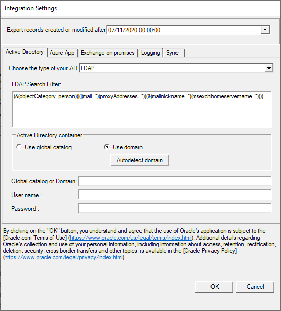 Integration Settings Active Directory tab in OpenAir Exchange Manager.