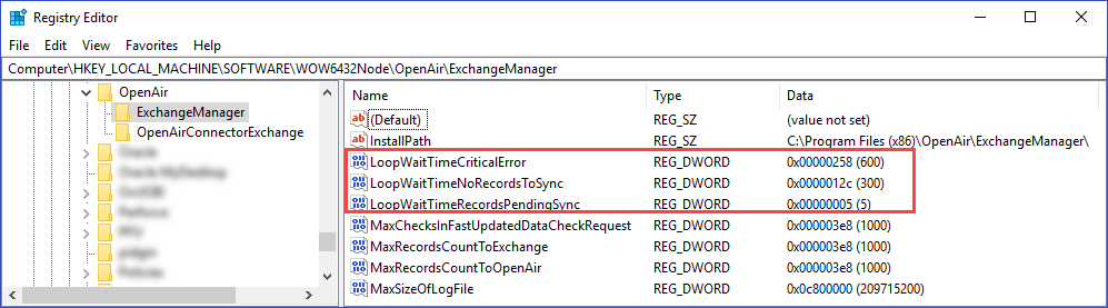 OpenAir Exchange Manager registry keys in Windows Registry Editor.