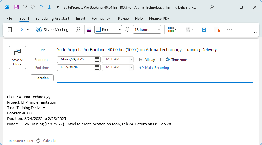 Example of OpenAir booking exported as Outlook Calendar event.