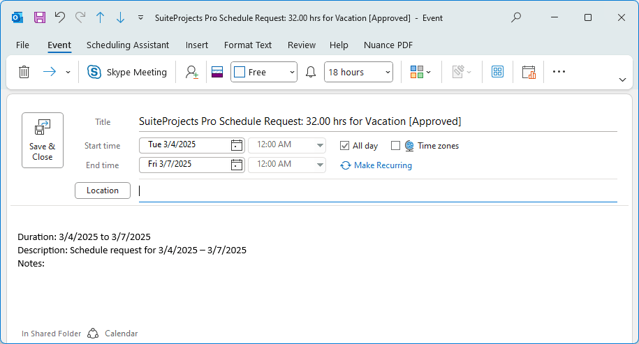 Example of OpenAir schedule request exported as Outlook Calendar event.