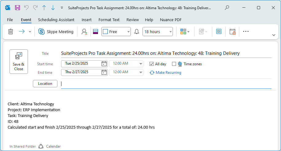 Example of OpenAir task assignment exported as Outlook Calendar event.