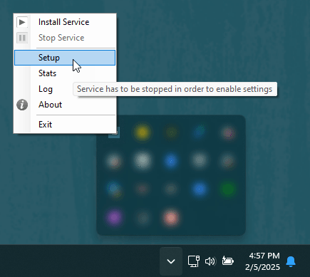 Context menu appearing when you right-click the Taskbar System Tray icon for Exchange Integration Manager.