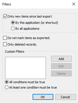 Filters window in Integration Manager.