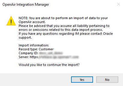 Import to OpenAir warning window in Integration Manager.