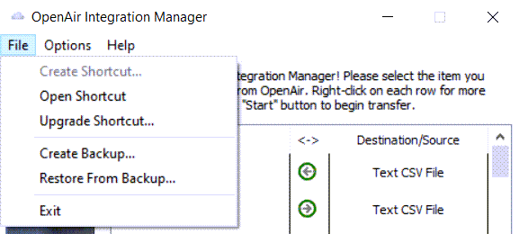 Integration Manager main window showing the File menu.