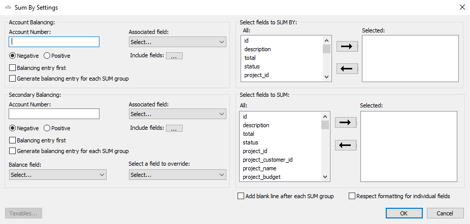 Sum by Settings window in Integration Manager.