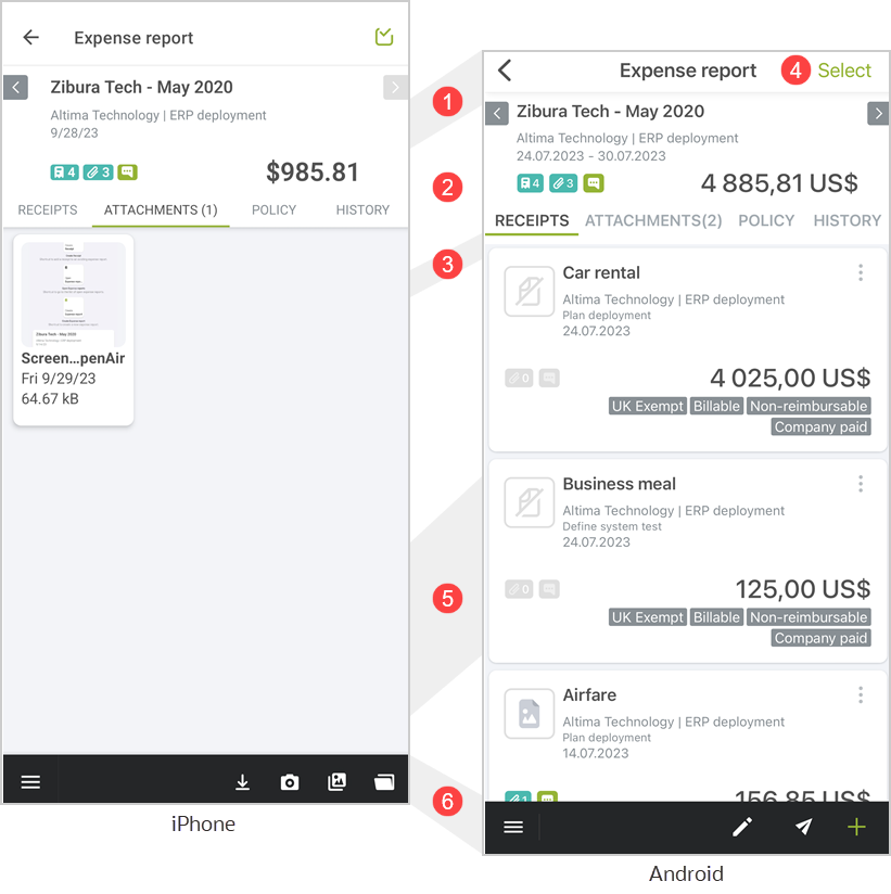 Expense reports in OpenAir Mobile