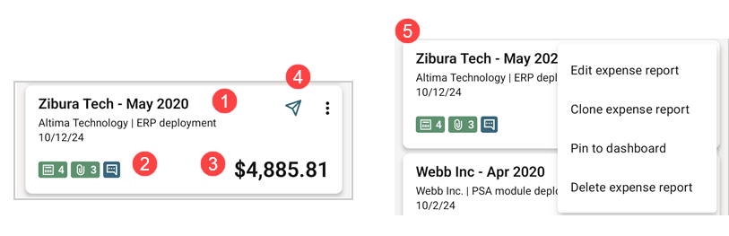Expense report summary in lists and context menu.